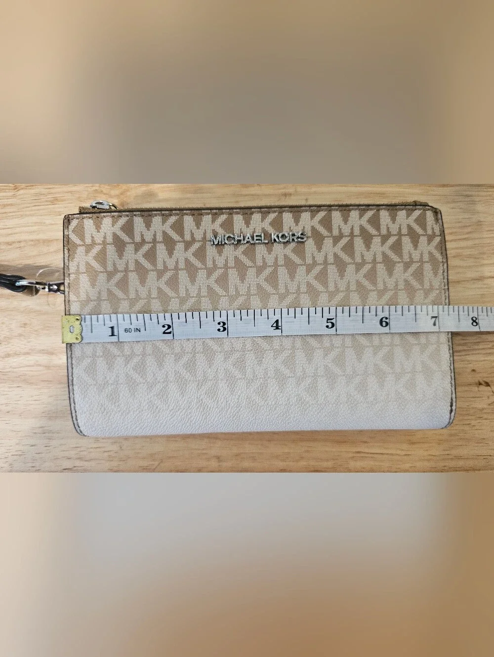 NWT Michael Kors Beige Logo Wristlet Wallet with Brown Trim